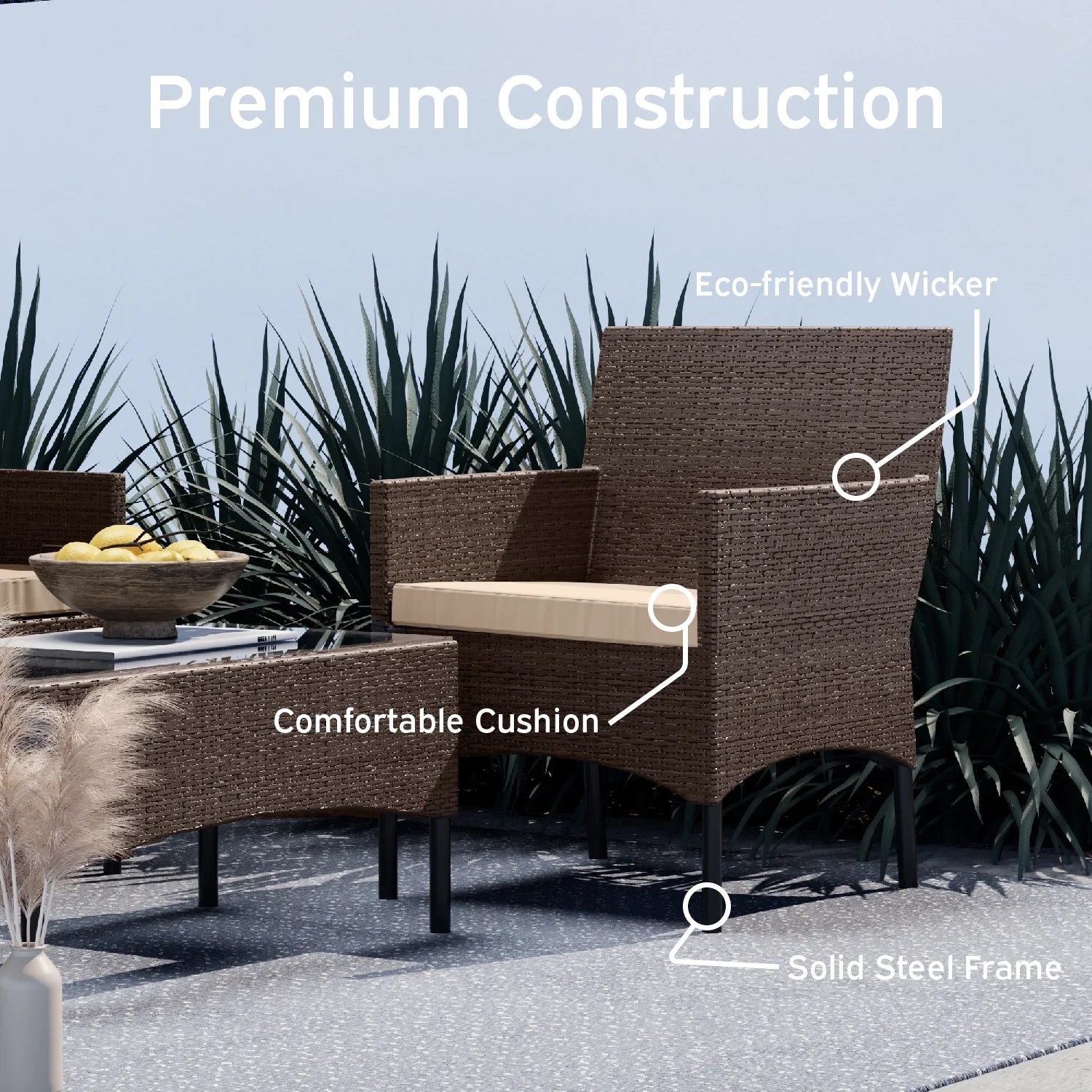 Patio Furniture Set, Outdoor Wicker 4 Piece Patio Chairs Set, Brown with Beige Cushions