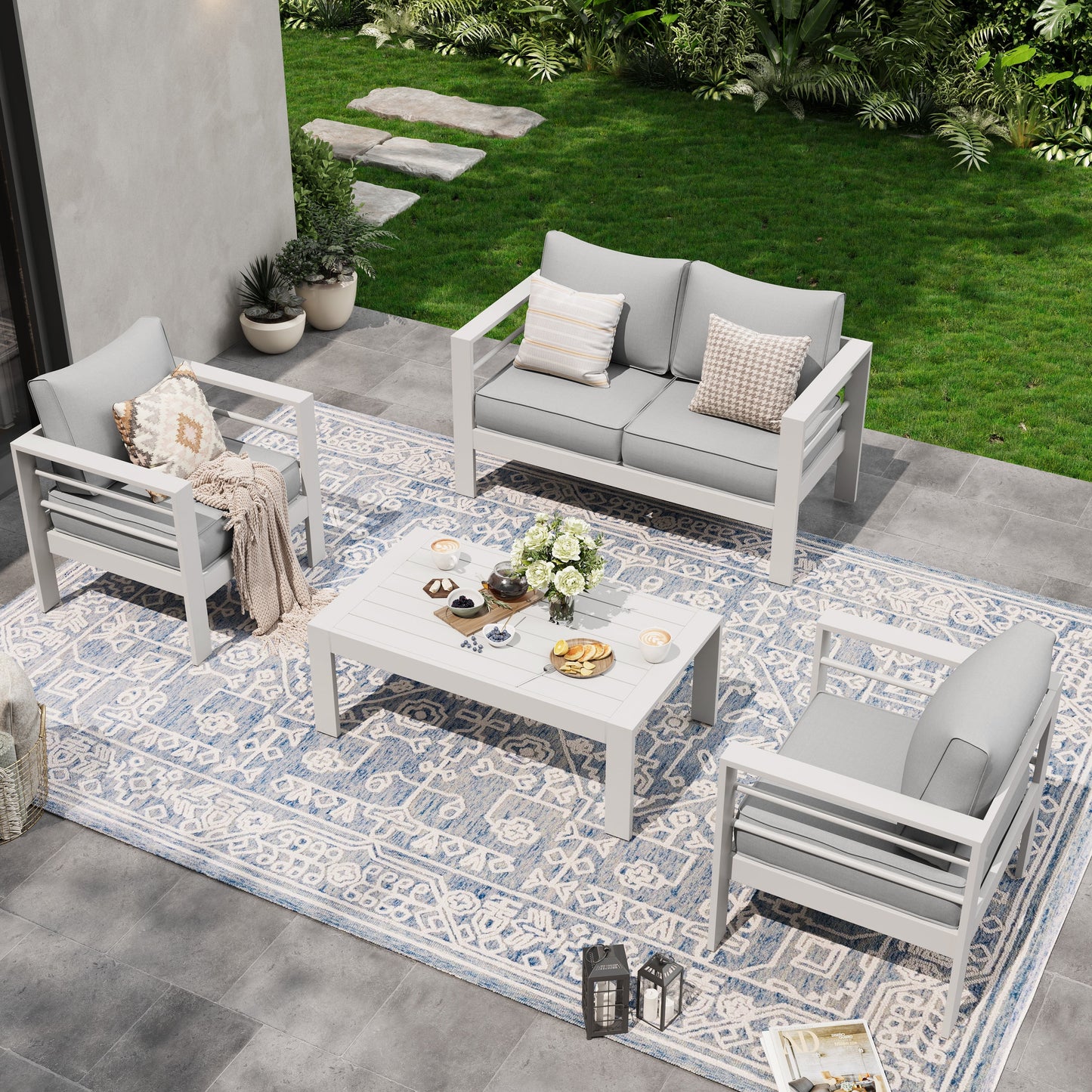 Aluminum Patio Furniture,Outdoor Metal Sectional Sofa with Table and Waterproof Covers,White Modern Patio Furniture Set for Garden Backyard (5-Piece)