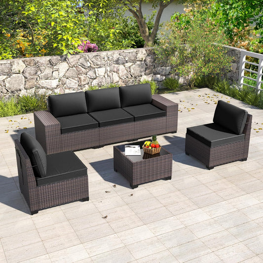6 Piece Patio Furniture Sets Outdoor Conversation Sofa Set, All-Weather High Back PE Rattan Wicker Sectional Furniture Patio Sofa W/Tempered Glass Top Table&Thickened Cushions(Black)