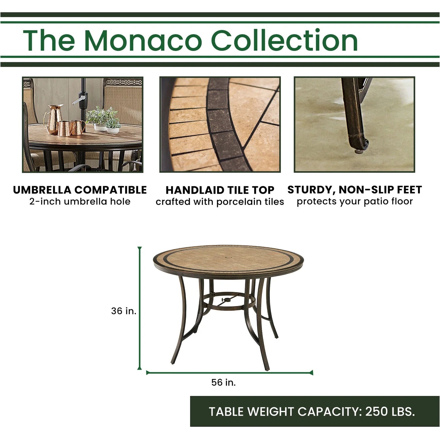 Monaco 7-Piece Outdoor High Dining Patio Set, 6 Counter-Height Padded Sling Swivel Chairs, 56" round Tile Table, 9' Umbrella, and Umbrella Base, Bronze Finish, Rust-Resistant, All-Weather