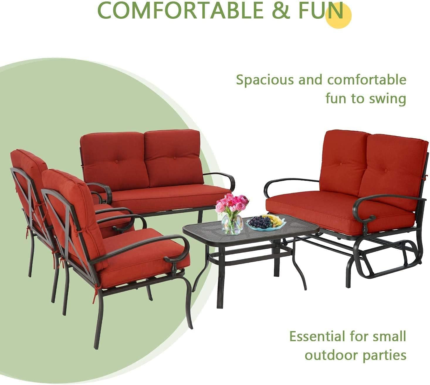 Outdoor Metal Furniture Sets 5 Pieces(6 Seats) Patio Conversation Set (Patio Swing Glider, 2 Patio Chairs, Loveseat with Coffee Table), Red