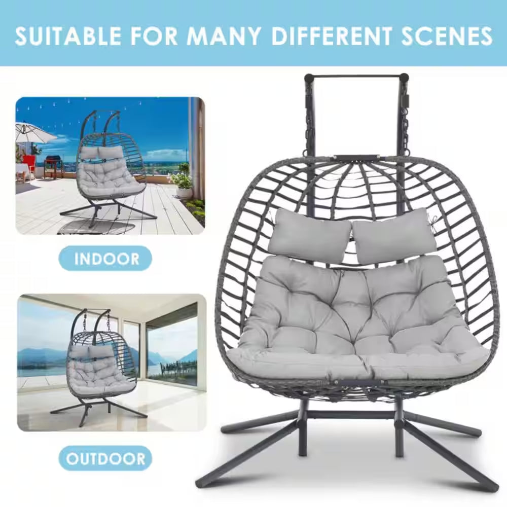 Large 2-Person 500 Lbs. Gray Wicker Double Swing Egg Chair with Black Stand and Gray Cushions