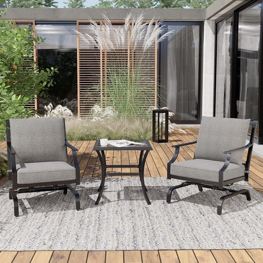 3-Piece Furniture Seating Motion Chairs Set Outdoor Bistro Set Patio Conversation Sets Glider Rocking Chair with Comfortable Gray Cushions Square Coffee Table for Garden Lawn & Poolside