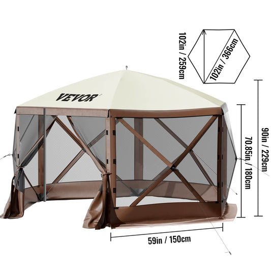 VEVOR Pop-Up Camping Gazebo Camping Canopy Shelter 6 Sided 12' X 12' / 10' X 10' Sun Shade Tents & Canopies Camping & Hiking