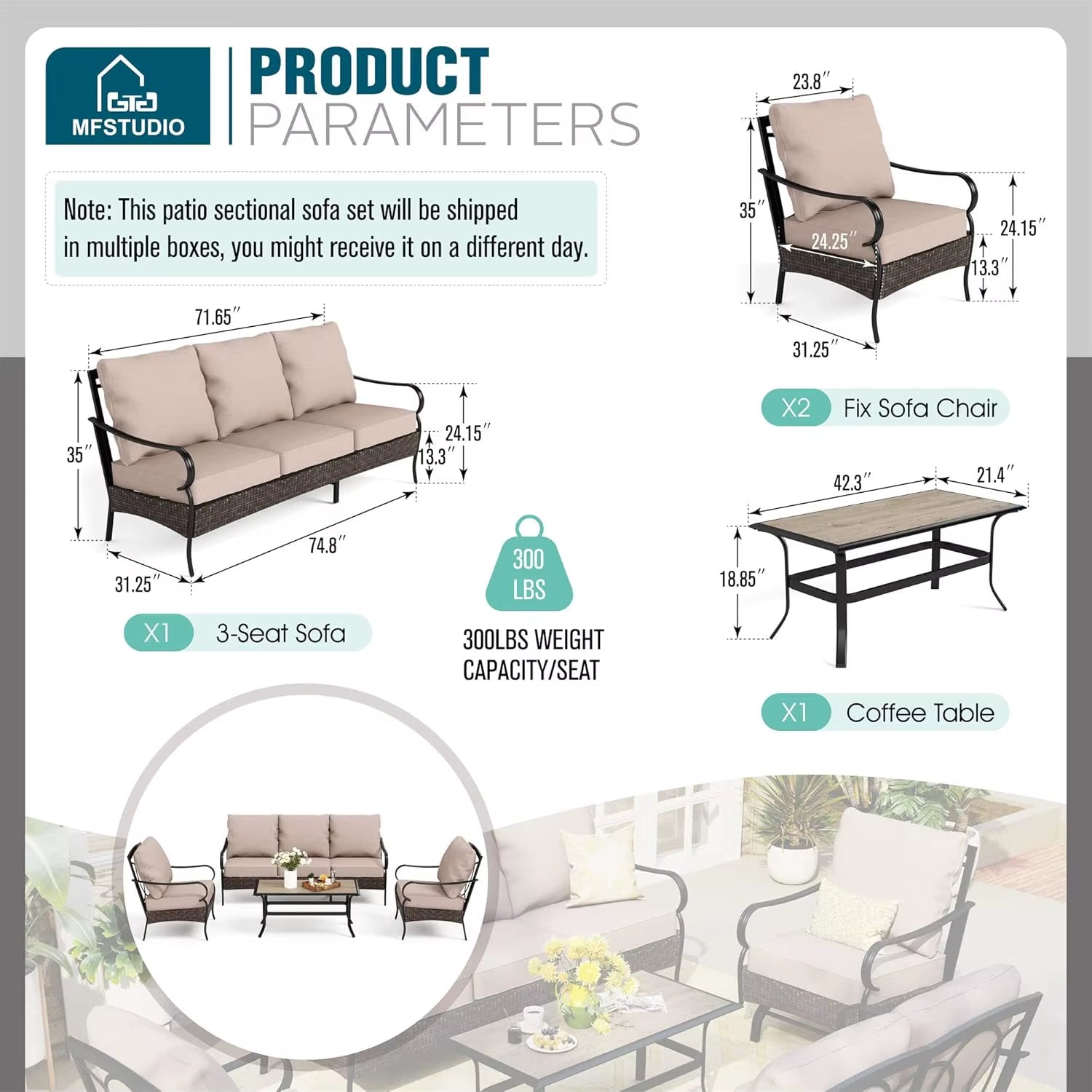 Outdoor Patio Furniture Set, 4 PCS Heavy-Duty Metal Patio Conversation Sets for 5, Patio Sectional Sofa Set with High Back 3-Sea