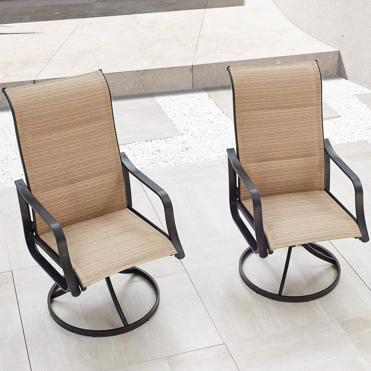 Patio Dining Chairs Textilene High Back Outdoor Swivel Rocker Set with All Weather Frame (Beige,Set of 2)
