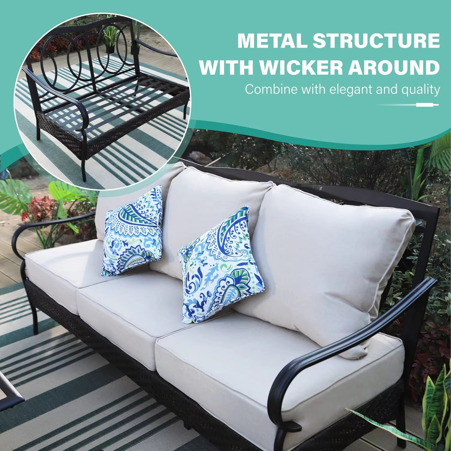 Outdoor Patio Furniture Set, 4 PCS Heavy-Duty Metal Patio Conversation Sets for 5, Patio Sectional Sofa Set with High Back 3-Sea