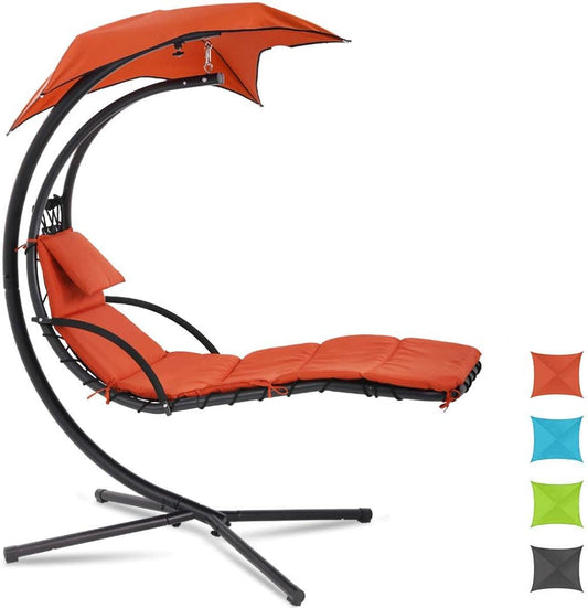 Patio Chair Hammock Chair Hanging Chairs Indoor Outdoor Swing Lounge Chair with Pillow, Canopy, Stand - Heavy Duty Arc Stand Floating Curved Chaise for Pool, Backyard, Deck - Orange