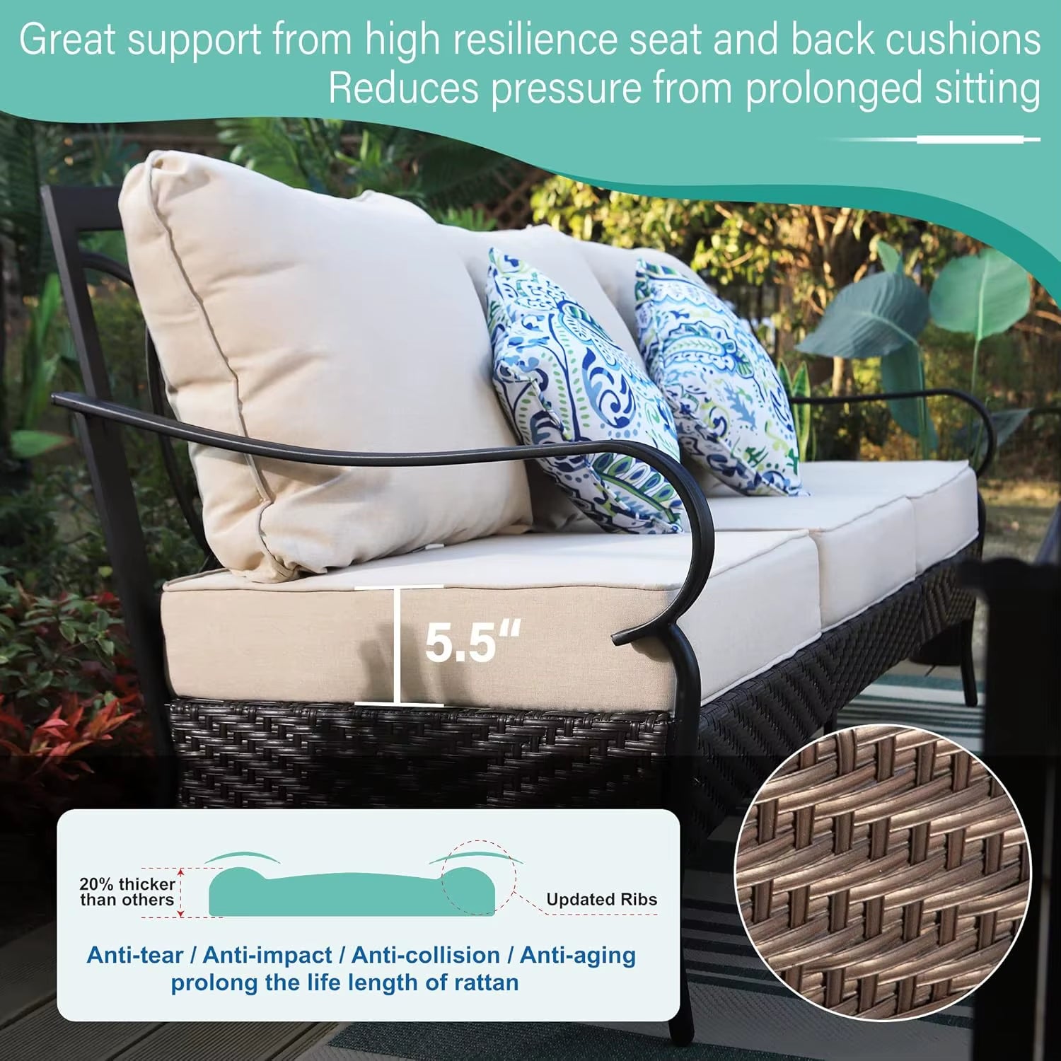 Outdoor Patio Furniture Set, 4 PCS Heavy-Duty Metal Patio Conversation Sets for 5, Patio Sectional Sofa Set with High Back 3-Sea