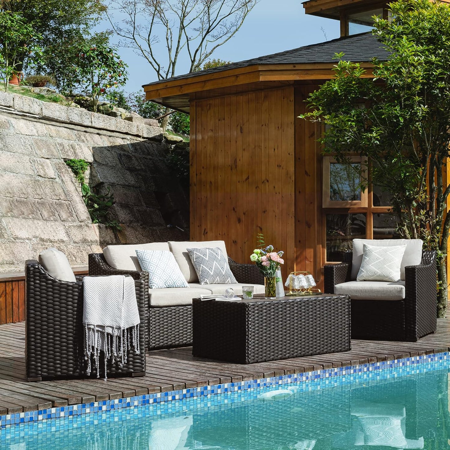 4 Piece Patio Conversation Set,Outdoor Sectional,All-Weather Patio Furniture Set(Browngrey)