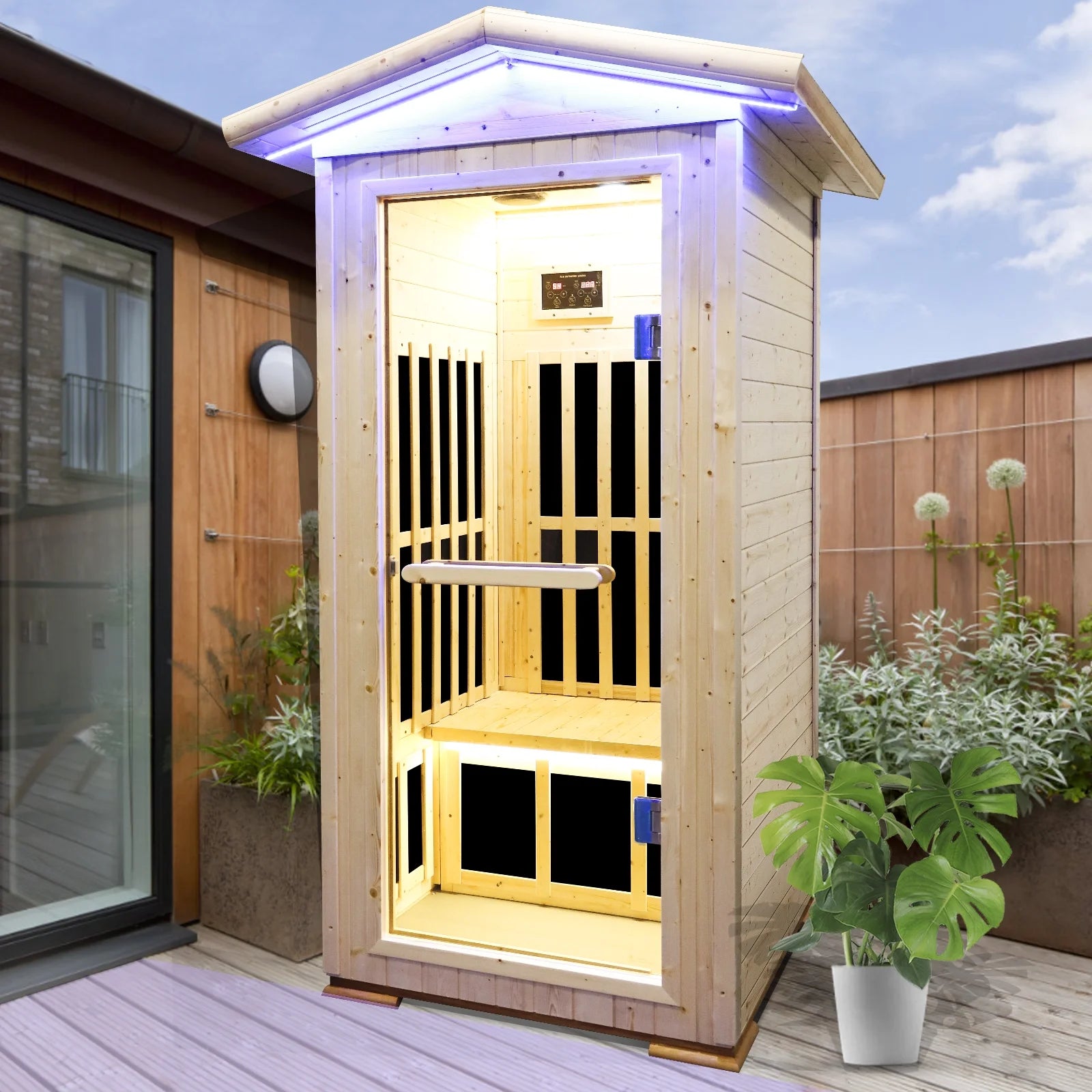 Outdoor Far Infrared Sauna Wooden Saunas Spa 1300W Low-Emf Dry Sauna Room for One Person Finland Spruce Wood