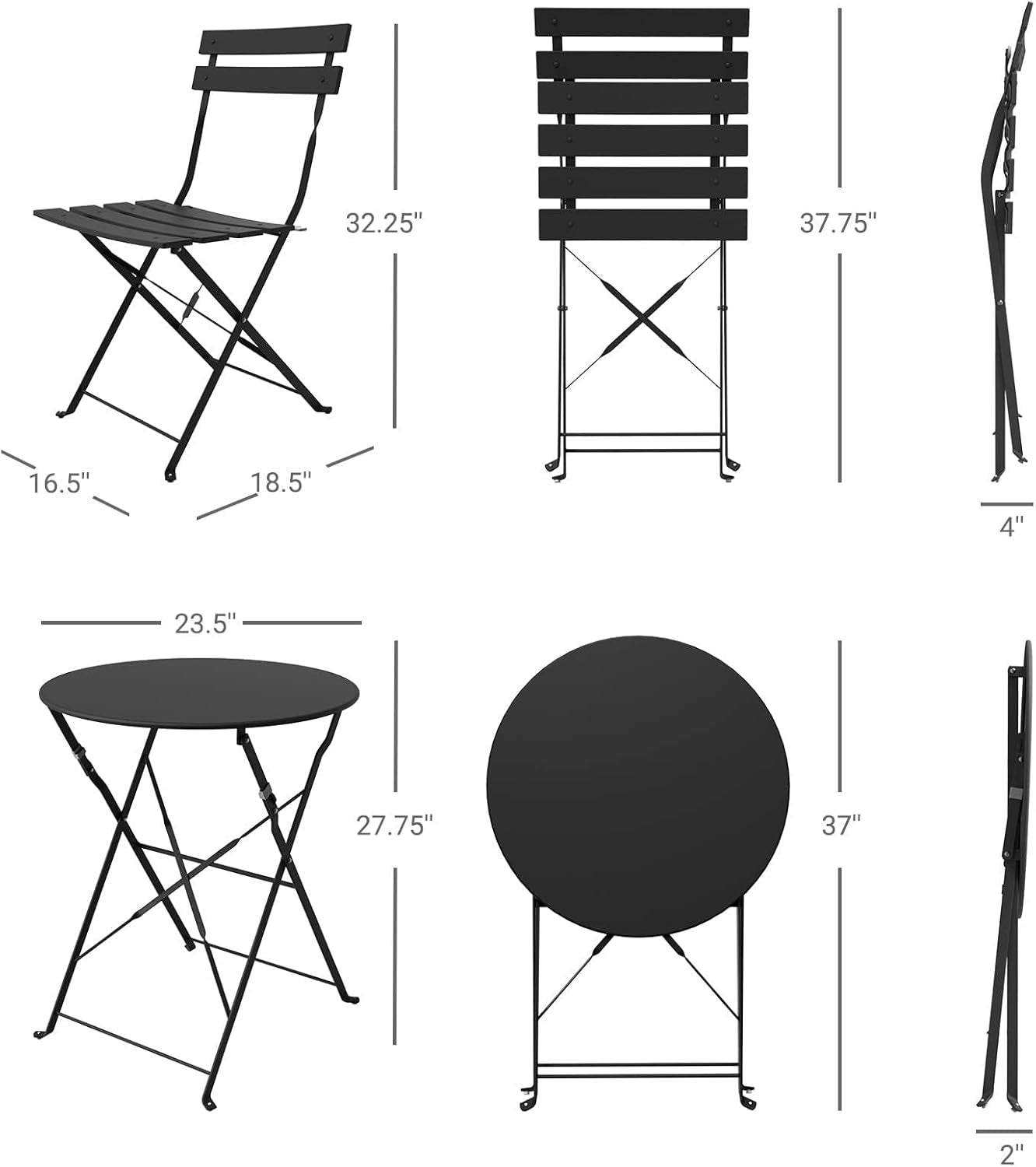 Premium Frame Patio Bistro Set, Folding Outdoor Patio Furniture Sets, 3-Piece Patio Set of Folding Patio Table and Chairs, Black