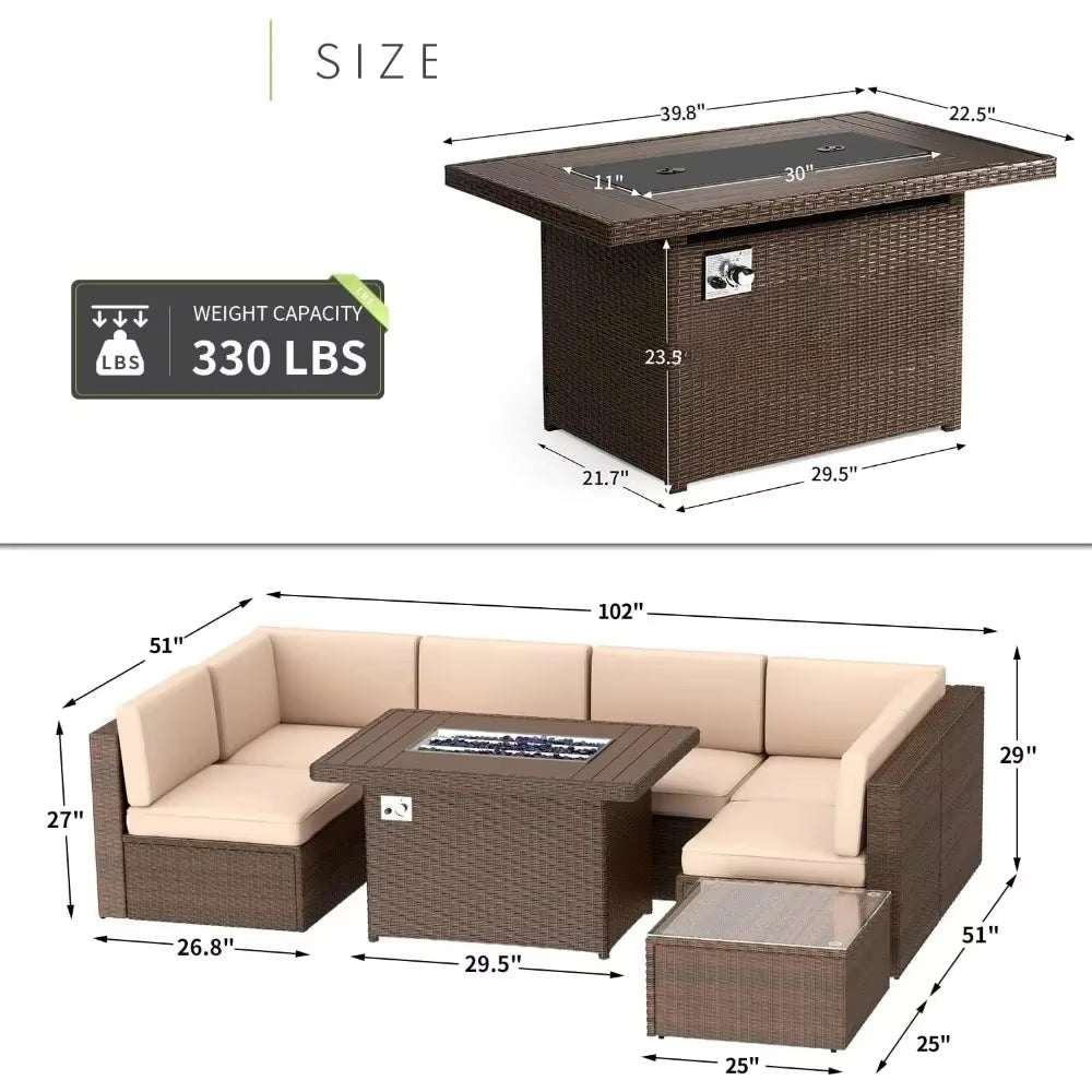 Patio Furniture Set 8PCS with 40" Fire Pit Table Outdoor Sectional Sofa Set Wicker Furniture Set with Coffee Table Garden Sets