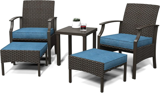 5 Pieces Outdoor Patio Furniture Sets Weather Resistant Wicker Outdoor Patio Chairs with Ottomans and Coffee Tables for Balcony Backyard Garden Poolside, (Peacock Blue)