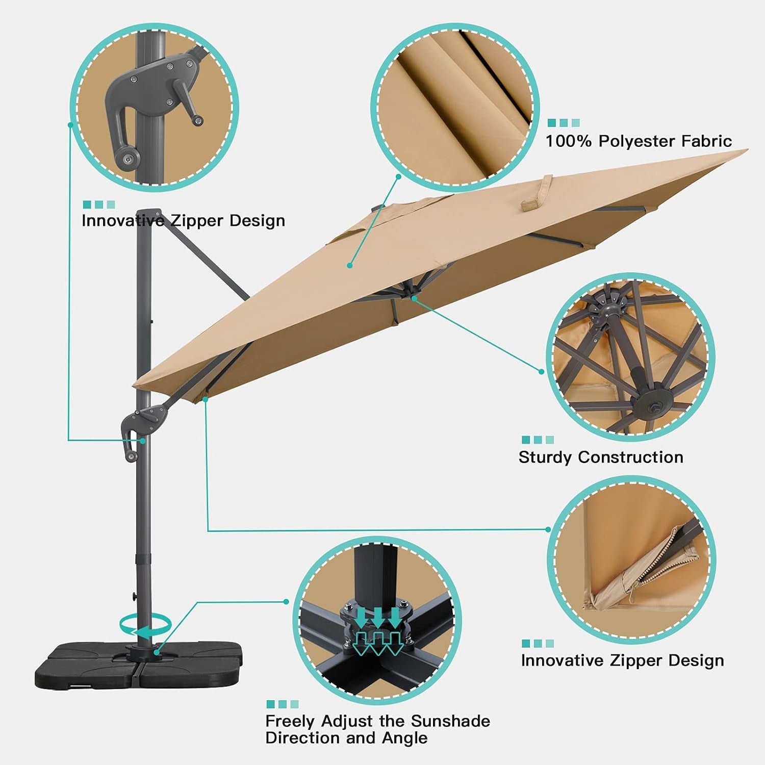 10X13Ft Cantilever Patio Umbrella Rectangular Deluxe Offset 360°Rotation & Integrated Tilting System Hanging Umbrella for Market Garden Deck Pool Backyard Patio (Tan)