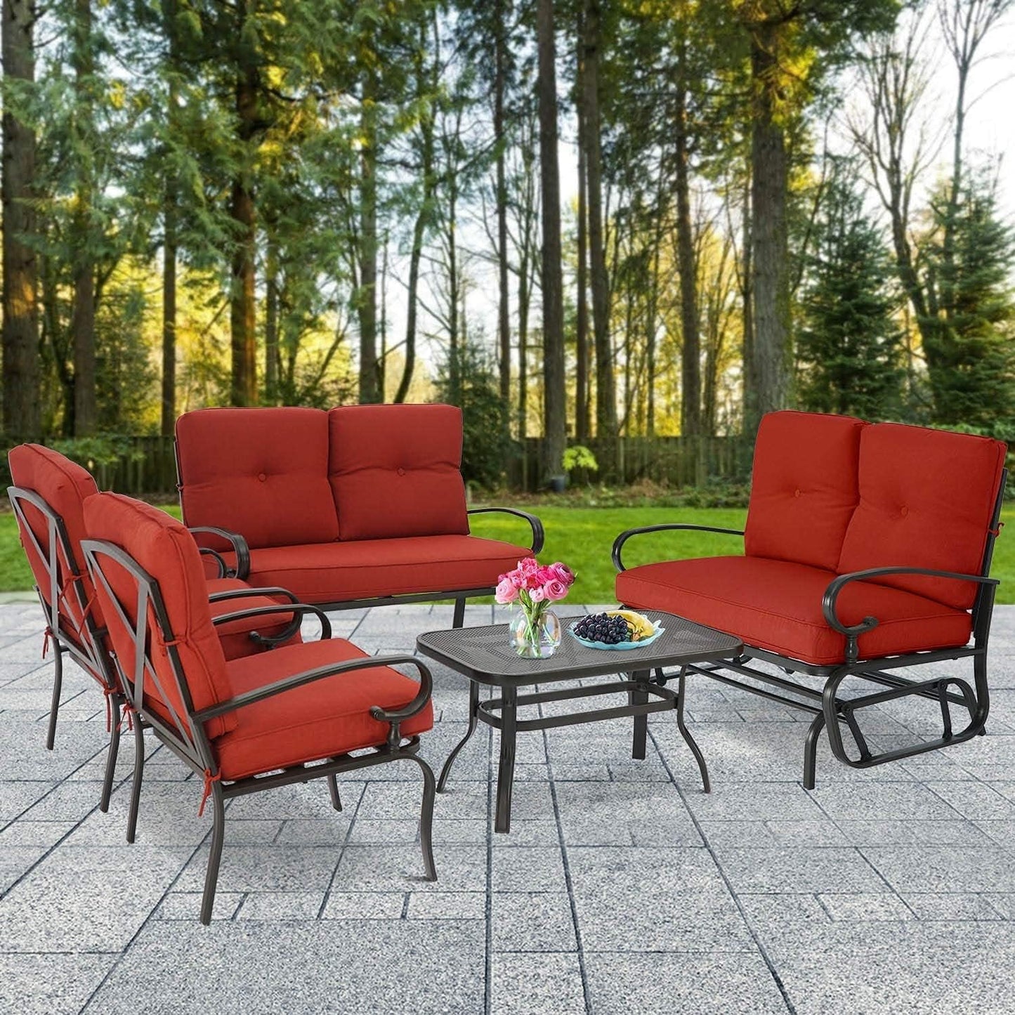Outdoor Metal Furniture Sets 5 Pieces(6 Seats) Patio Conversation Set (Patio Swing Glider, 2 Patio Chairs, Loveseat with Coffee Table), Red