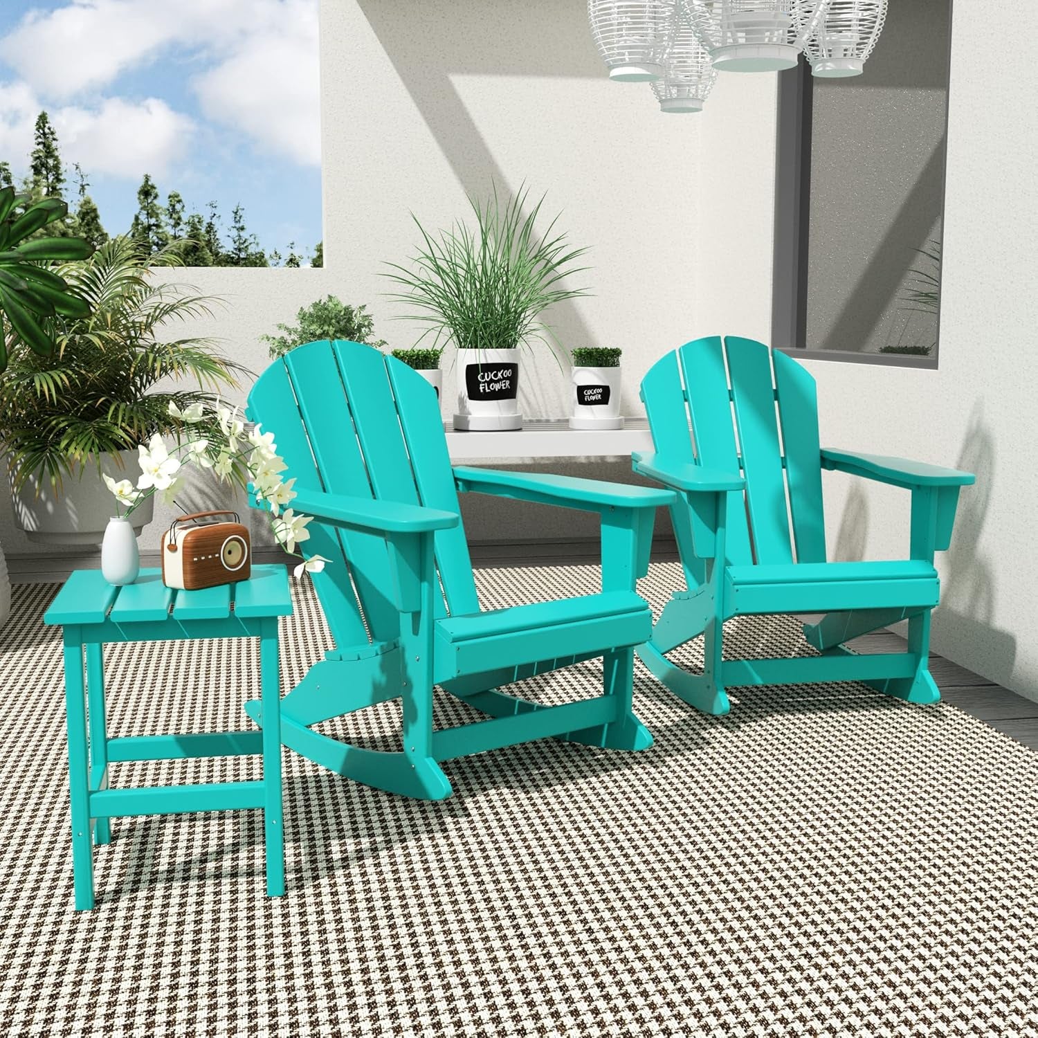 WO Home Furniture Patio Rocking Chair Set of 3 PCS Classic Outdoor Adirondack Rocker Chairs & Table (Turquoise)