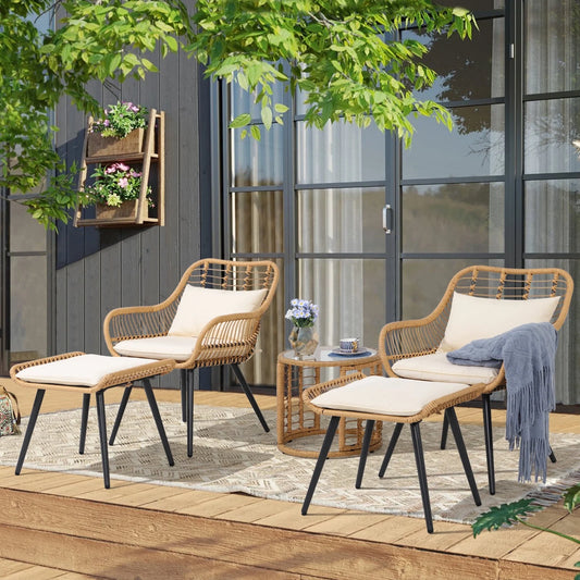 5-Piece Outdoor Wicker Furniture Set, Rattan Bistro All Weather Patio Conversation Set with Ottoman and round Coffee Side Table