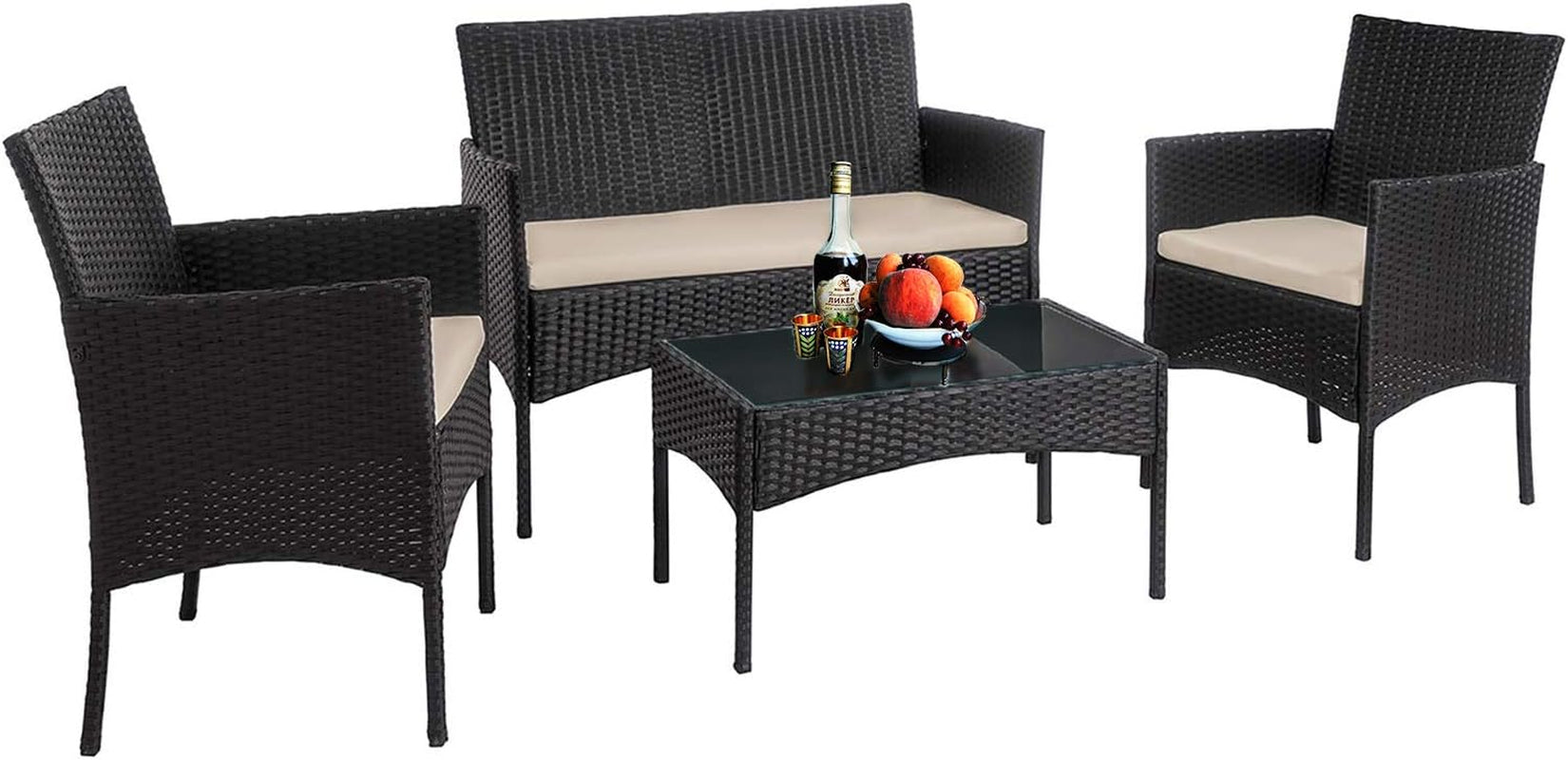 Outdoor 4 Pieces Rattan Chair Sofa Conversation Set Patio Wicker Set with Table Backyard Lawn Porch Garden Poolside Balcony Furniture (Black)