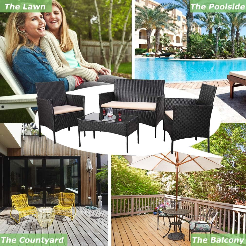 Outdoor 4 Pieces Rattan Chair Sofa Conversation Set Patio Wicker Set with Table Backyard Lawn Porch Garden Poolside Balcony Furniture (Black)
