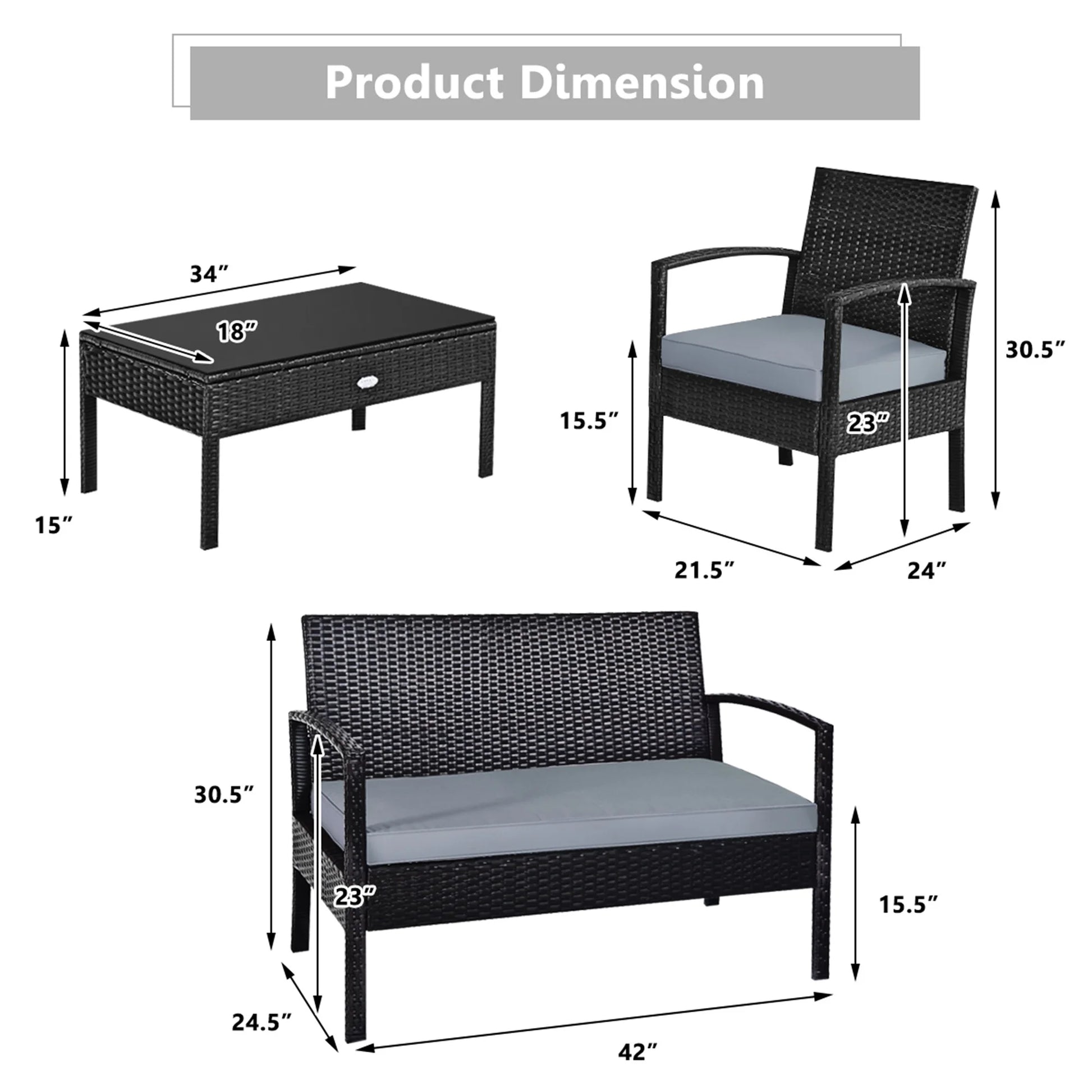 Patio Garden 4PC Rattan Wicker Furniture Set Black